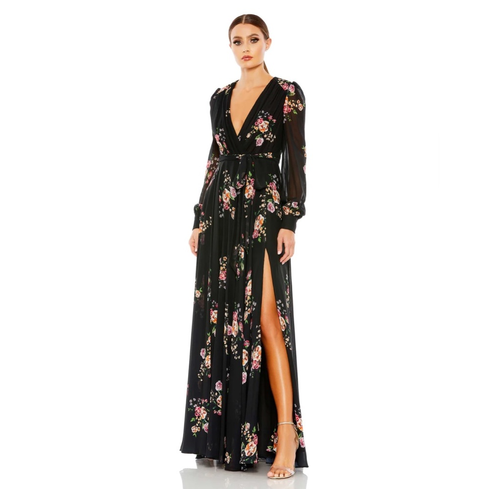 Mac Duggal Black Floral V-Neck Maxi Dress with High Slit